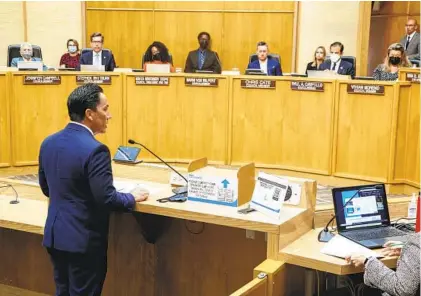  ?? EDUARDO CONTRERAS U-T ?? Mayor Todd Gloria addresses the San Diego City Council on Tuesday to urge members to vote for his plan to settle the city’s lawsuits over the 101 Ash St. office tower and the nearby Civic Center Plaza. The council voted 6-3 to approve his proposal.