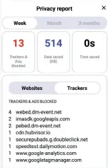  ?? ?? The Brave app for Android names and shames blocked trackers in a privacy report.
