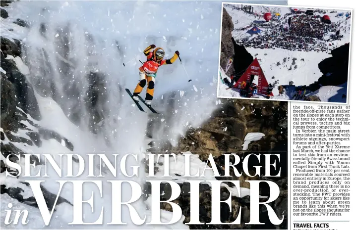  ?? ?? Flying high: Hedvig Wessel competes in the FWT final in Verbier in 2022. Inset, crowds turn out to watch the competitor­s