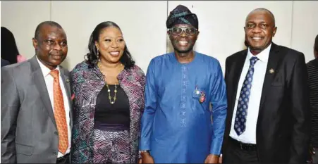  ?? KOLA OLASUPO ?? L-R: Permanent Secretary, Lagos State Ministry of Housing, Mr. Wasiu Adedamola Akewusola; Special Adviser to the Governor on Housing, Mrs. Toke Benson- Awoyinka; Lagos State Governor, Mr. Babajide Sanwo-Olu; and Commission­er for Housing, Hon. Moruf Akinderu-Fatai, during a Stakeholde­rs’ Engagement on Real Estate/Agency Business, in Lagos...weekend