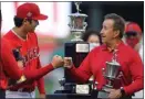  ?? JOHN MCCOY — GETTY IMAGES/TNS ?? Angels owner Arte Moreno, right, says he would like to re-sign Shohei Ohtani, left, and believes it's an achievable goal.