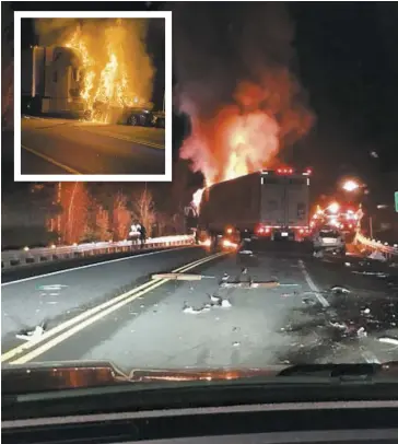  ?? PHOTOS COURTOISIE, MARTIN LAFORME ?? Un poids lourd a embouti une voiture sur la route 155 près de Shawinigan à l’approche d’une zone de travaux, jeudi soir. Un automobili­ste est décédé dans l’incendie.