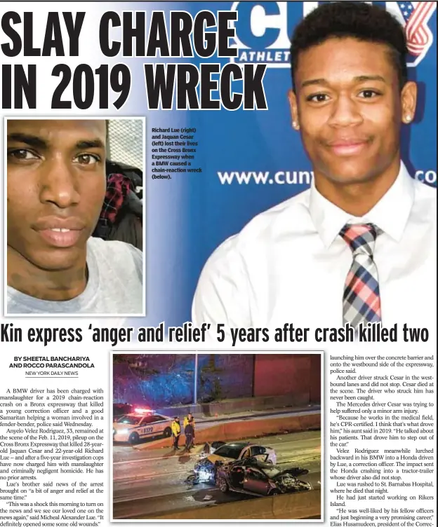  ?? ?? Richard Lue (right) and Jaquan Cesar (left) lost their lives on the Cross Bronx Expressway when a BMW caused a chain-reaction wreck (below).