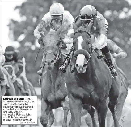  ?? AP; Getty Images ?? SUPER EFFORT: The horse Gronkowski could not catch Justify down the stretch and placed second at the Belmont Stakes on Saturday with his namesake, Patriots tight end Rob Gronkowski (below), on hand to watch .