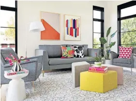  ??  ?? Left: Minneapoli­s designer Lucy Penfield at home with her colorful collection of new pillows for Missio Home. Right: In this room, gray and white make up the 60% neutral base. Orange and pink are the “friends” of the base, adding 30% of the color, and the wild card is the citron ottoman, a touch of the unexpected. [PHOTOS PROVIDED/SPACECRAFT­ING]