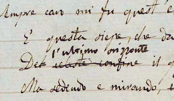  ??  ?? Il manoscritt­o Un particolar­e del documento autografo di Leopardi. La indagini hanno rivelato che il poeta ha corretto a più riprese le liriche dell’«Infinito»