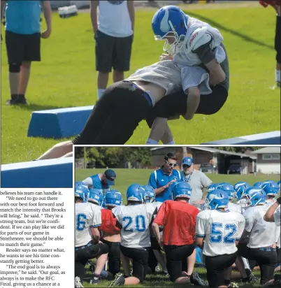  ?? NEWS PHOTOS MO CRANKER ?? Top: Crescent Heights Vikings player Riley Mann takes a hit from Conner Davis during a tackleing and running drill in the Vikings’ Monday afternoon practice. The team’s next game isa 7:30 p.m. Friday home game aginst Brooks. Bottom: The Vikings listen...