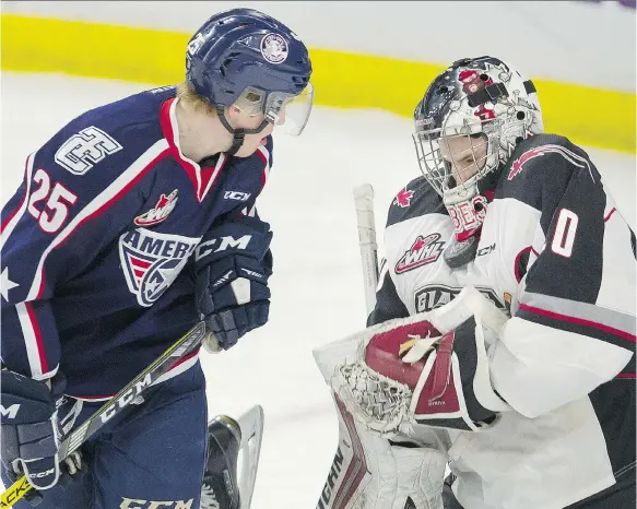  ?? MARK VAN MANEN ?? The Blades have acquired former Giants goalie Ryan Kubic, seen here in action last season, Kubic is a workhorse who has played 106 games over the past two campaigns.