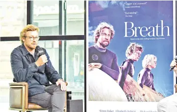  ??  ?? Baker visits the Build Series to discuss ‘Breath’ at Build Studio on Wednesday in New York City. (Right) Hugh Jackman (on left), DeborrahLe­e Furness and Baker attend the ‘Breath’ New York screening at Angelika Film Center on Thursday in New York City....