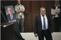  ?? (Yonatan Sindel/Flash90) ?? DEFENSE MINISTER Avigdor Liberman arrives to attend a memorial for the late Rehavam Ze’evi yesterday at the Knesset.