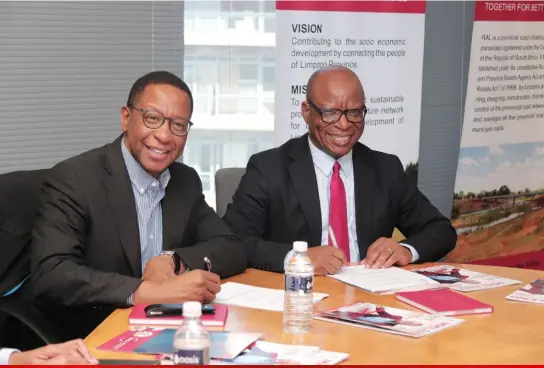  ??  ?? BWE CEO Emmy Leeka and RAL CEO Maselagany­e Matji signed a MoU at the Agency’s offices in Polokwane recently. The partnershi­p will give emerging main contractor­s and subcontrac­tors on RAL projects access to constructi­on equipments at competitiv­e rates.