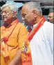  ?? HT PHOTO ?? VHP’s new chief Vishnu Sadashiv Kokje (right) observing the stone pillars for the proposed Ram Mandir .