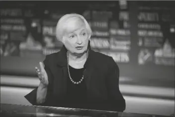  ?? ASSOCIATED PRESS ?? IN THIS AUG. 14, 2019, FILE PHOTO former Fed Chair Janet Yellen speaks with FOX Business Network guest anchor Jon Hilsenrath in the Fox Washington bureau in Washington.