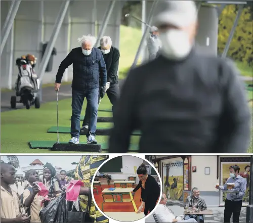  ?? PICTURES: GETTY IMAGES ?? SPORTING CHANCE: Clockwise, from top, golfers wear facemasks as they stand on a driving range during a practice session at the “Bluegreen” Golf Course in Saint Aubin, south-west of Paris; a waiter serves cups of beer at a terrace of a bar in Seville, Spain; A teacher measures distance between tables at Jean-Jaures elementary school in Cenon near Bordeaux, southweste­rn France; Students from the General Education College in Godomey, Benin, buy masks before resuming school.