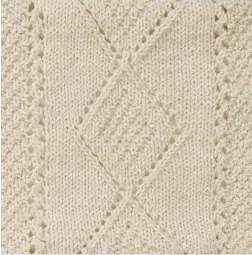  ??  ?? SQUARE 6 Enjoy a double moss stitch diamond when you cast on this pretty option – Lynne’s pattern creates a stylish repeat. Knit one in Blue Apatite and two in Moon Stone