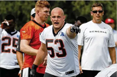  ?? JOHN MINCHILLO / AP ?? Bengals rookie center Billy Price (53) has had trouble throughout training camp with the QB-center exchange. “I’m concerned that we have to get better with it. There’s no question it’s continued to linger,” says coach Marvin Lewis.