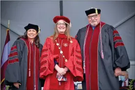  ?? PHOTO BY DAVID DEBALKO ?? Dr. Victoria L. Bastecki-Perez was sworn in as the sixth president of Montgomery County Community College on April 16during drive-in ceremony at the Blue Bell Campus. From left: Varsovia Fernandez, assistant secretary, MCCC Board of Trustees; Dr. Victoria L. Bastecki-Perez, MCCC president; and Frank X. Custer, chair, MCCC Board of Trustees.