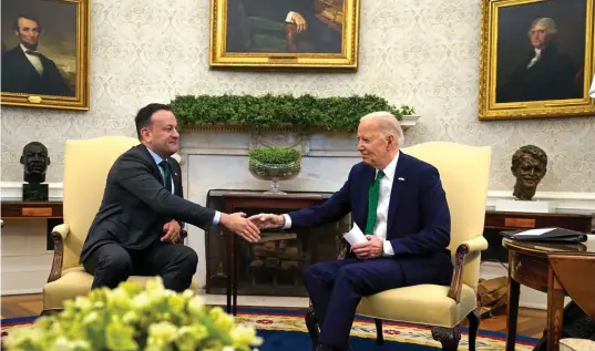  ?? ?? Friendship: Leo Varadkar shakes hands with US president Joe Biden in the Oval Office as part of St Patrick’s Day celebratio­ns