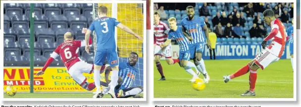  ??  ?? Pay the penalty Karleigh Osborne fouls Grant Gillespie to concede a late spot-kick Spot on Rakish Bingham nets the winner from the penalty spot