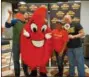  ?? SUBMITTED PHOTO ?? Preston Elliot and Steve Morrison from WMMR’s Preston and Steve Show ham it up with Buddy the Blood Drop and Red Cross volunteer Tracey Howard during last year’s “I Bleed For Preston & Steve” blood drive at Valley Forge Casino Resort.