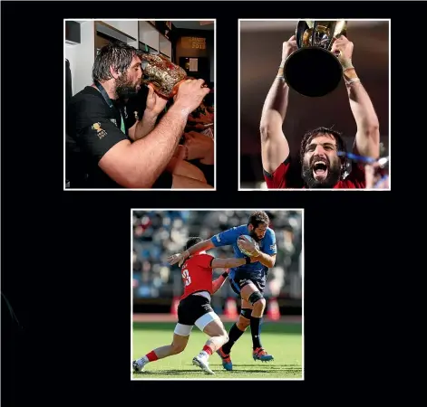  ?? GETTY IMAGES ?? Sam Whitelock has achieved much in a career than has included two World Cup wins with the All Blacks, inset left, three Super Rugby crowns with the Crusaders, inset right, and a stint with Japanese club Panasonic Wild Knights, inset centre. But he’s also thinking about a future for him and his family, including son Fred, bottom left.
