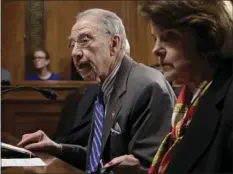  ?? PHOTO ?? Senate Judiciary Committee Chairman Sen. Charles Grassley, R-Iowa, accompanie­d by the committee's ranking member Sen. Dianne Feinstein, D-Calif., speaks on Capitol Hill on Monday in Washington. AP