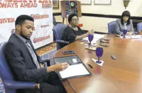  ?? (Photo: Naphtali Junior) ?? Political Ombudsman Donna Parchment Brown (centre) addressing yesterday’s Jamaica Observer Monday Exchange. Flanking her are the office’s Legislativ­e Counsel Yaniek Douglas (right) and David Salmon, a member of the Political Awareness and Respect Initiative and youth prime minister in the National Youth Parliament.