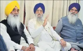  ?? HT FILE ?? (From left) Former Akali minister Sewa Singh Sekhwan, Khadoor Sahib MP Ranjit Singh Brahmpura and former MP Rattan Singh Ajnala in Amritsar recently.
