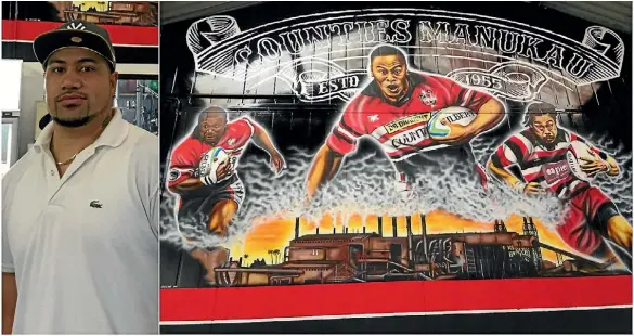  ?? COUNTIES MANUKAU RUGBY ?? Joe Lane, the Otara artist, picutred left. The mural of Counties Manukau rugby greats Joeli Vidiri, Jonah Lomu and Tana Umaga.