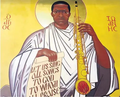  ?? CURTIS SKINNER/REUTERS ?? Sagrado. Uma das imagens de São John Coltrane exibida no ritual; o jazzista segura um saxofone que emite chamas Fé. Wanika King, há seis anos ordenada