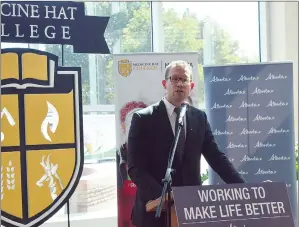  ?? NEWS PHOTO TIM KALINOWSKI ?? Alberta’s Advanced Education Minister Marlin Schmidt announces on Wednesday $175,000 per year for the next three years to help fund enhanced mental health and student wellness initiative­s at Medicine Hat College.