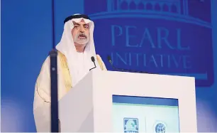  ?? Supplied photo ?? Shaikh Nahyan bin Mubarak Al Nahyan speaking at a forum hosted by the Pearl Initiative and United Nations Global Compact in Dubai on Thursday. —