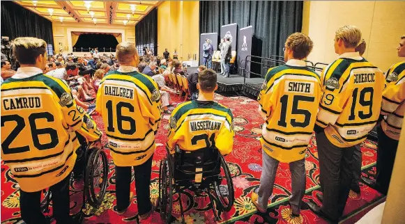  ?? PHOTOS: LIAM RICHARDS ?? Surviving members of the Humboldt Broncos look on during festivitie­s before meeting with reporters in Las Vegas on the eve of the annual NHL awards.