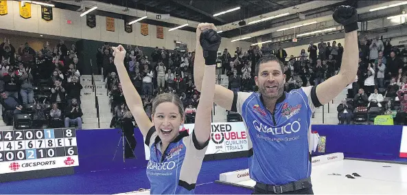  ?? KEVIN KING ?? Kaitlyn Lawes and John Morris celebrate after winning the mixed doubles Olympic trials final 8-6 over Brad Gushue and Val Sweeting in Portage la Prairie, Man., on Sunday.