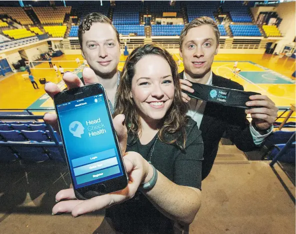  ?? ARLEN REDEKOP/PNG FILES ?? From left, Alexey Manov, Kerry Costello and Harrison Brown are bringing their concussion-testing app to the BCHL.