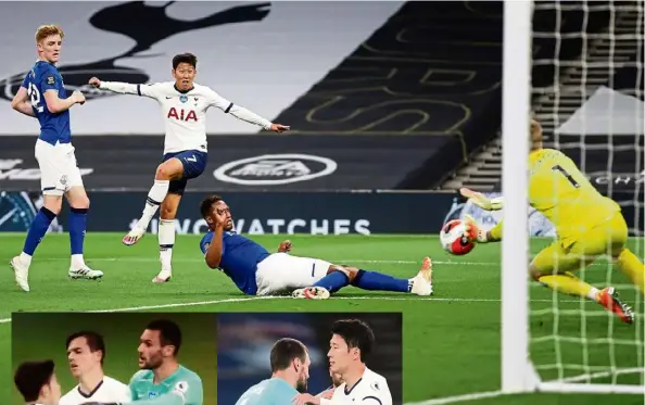  ??  ?? Three shades of Son:
Tottenham’s Son Heung-min sees his shot saved by Everton goalkeeper Jordan Pickford in their Premier League match. Inset: Clashing with Hugo Lloris at half time and making up at the end of the game.