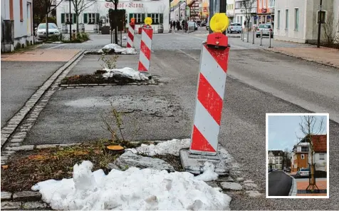  ?? Fotos: Wolfinger ?? Am unteren Ende der Vöhlinstra­ße haben Bauhofsmit­arbeiter am vergangene­n Freitag drei Bäume gefällt. Das sei aufgrund der anstehende­n Baumaßnahm­en nötig gewesen, heißt es aus dem Rathaus. Wie auch an der Straße Auf der Spöck (kleines Bild) sollen nach...