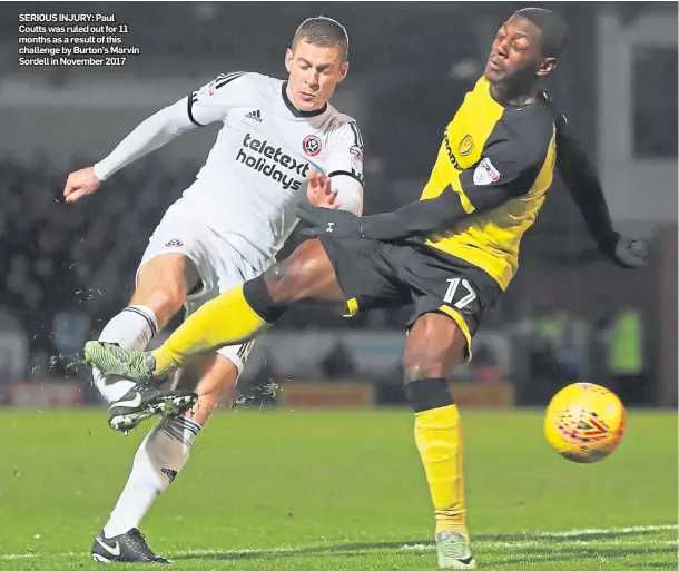  ??  ?? SERIOUS INJURY: Paul Coutts was ruled out for 11 months as a result of this challenge by Burton’s Marvin Sordell in November 2017
