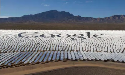  ??  ?? The Google logo is spelled out in heliostats (mirrors that track the sun and reflect the sunlight onto a central receiving point) during a tour of the Ivanpah Solar Electric Generating System in the Mojave Desert near the California-Nevada border...