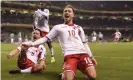  ??  ?? Christian Eriksen celebrates his hat-trick goal in Dublin two years ago, when Denmark won 5-1. Photograph: Eóin Noonan/ Sportsfile via Getty Images