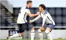  ??  ?? Toby Alderweire­ld celebrates scoring a rare goal with his prolific teammate Son Heung-min against Leeds. Photograph: Julian Finney/Reuters