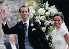  ??  ?? Pippa Middleton and her new husband, James Matthews, after their wedding ceremony at St Mark’s Church in Englefield, west of London, on Saturday. RIGHT: Britain’s Catherine, Duchess of Cambridge with her daughter, Princess Charlotte, a flower girl,...