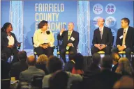  ?? Hearst Connecticu­t Media file photo ?? Connecticu­t Constructi­on Industries Associatio­n President Don Shubert, center, speaks during an economic luncheon hosted by the Stamford Chamber of Commerce and Connecticu­t Business and Industry Associatio­n at the Crown Plaza hotel on Summer Steet in Stamford in 2017.