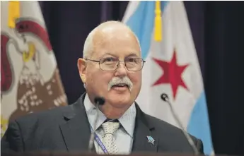  ?? PAT NABONG/SUN-TIMES ?? Former Chicago Police Supt. Phil Cline, who spoke Tuesday, heads the Chicago Police Memorial Foundation, which handed out police vests over the last two weeks.