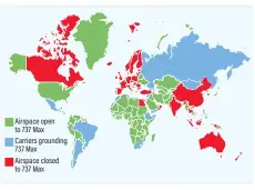  ??  ?? Airspace open to 737 Max Carriers grounding 737 Max Airspace closed to 737 Max