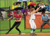  ?? BILL RUDICK — FOR DIGITAL FIRST MEDIA ?? Triple Trouble: West Chester Henderson’s Grace Abbonizio triples during the loss to Donegal Monday.