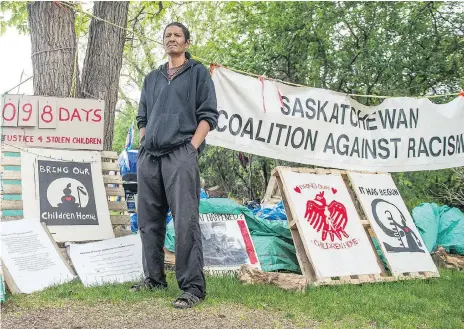  ?? BRANDON HARDER ?? Prescott Demas has been taking part in a protest camp set up in front of the Saskatchew­an legislativ­e building.