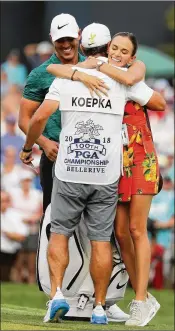  ?? RICHARD HEATHCOTE / GETTY IMAGES ?? Brooks Koepka celebrates Sunday with girlfriend Jena Sims and caddie Ricky Elliott after winning the PGA Championsh­ip at Bellerive Country Club in St. Louis. The Cardinal Newman grad has now won three of the last six majors he’s played in.