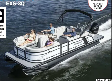  ??  ?? Price: $51,850
SPECS: LOA: 23'8" BEAM: 8'6" DRY WEIGHT: 2,380 lb. DRAFT: 1'8" SEAT/WEIGHT CAPACITY: 12/2,550 lb. FUEL CAPACITY: 60 gal.
HOW WE TESTED: ENGINE: Mercury 200 V-6 FourStroke 200 hp DRIVE/PROP: Outboard/Mercury Mirage Plus 15" x 15" 3-blade stainless steel GEAR RATIO: 1.85:1 FUEL LOAD: 25 gal. CREW WEIGHT: 250 lb.