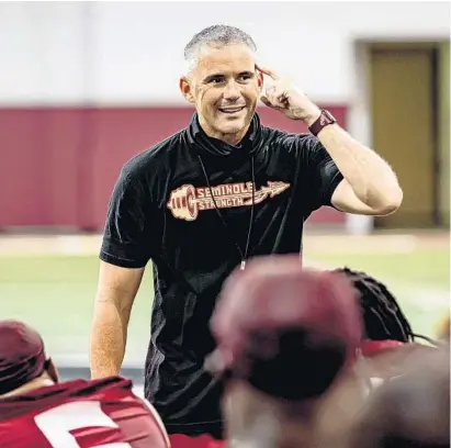  ?? KYLE PULEK/FSU ?? Florida State coach Mike Norvell has relied on technology to help stay connected to his team while he is going through COVID-19 quarantine.